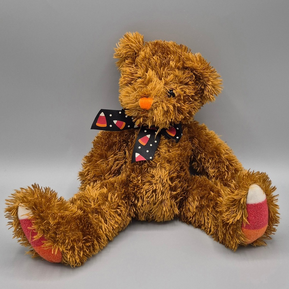 American Greetings Halloween Teddy Bear Brown Shaggy Candy Corn Bow Plush Toy